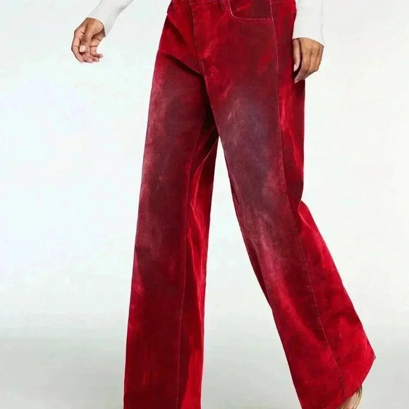 Red Casual Women's Fleeced Thick Loose High Waist Wide Leg Jeans - Picture 5 of 6